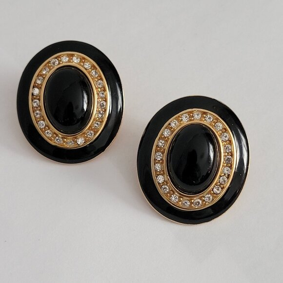 Vintage Monet Oval Black Enamel Clear Rhinestone Clip On Earrings - Picture 1 of 7